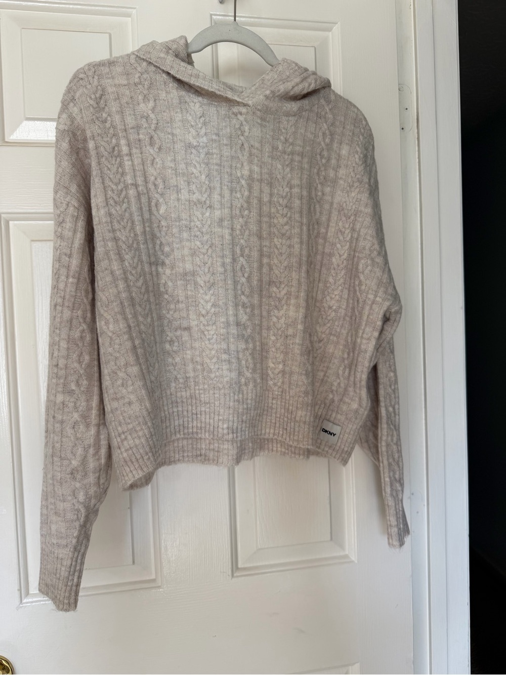DKNY Cozy Hooded Cable-Knit Sweater in Light Beige